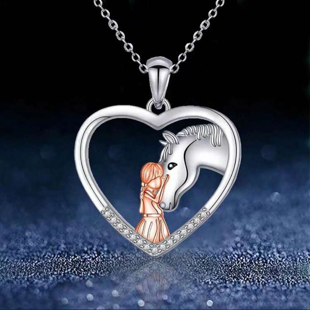 Heart Necklace with Horse and Girl, Girl and Horse Necklace - Picture 2 of 4